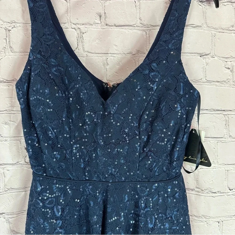 NWT formal dress navy city triangles sz 3 layered lace overlay